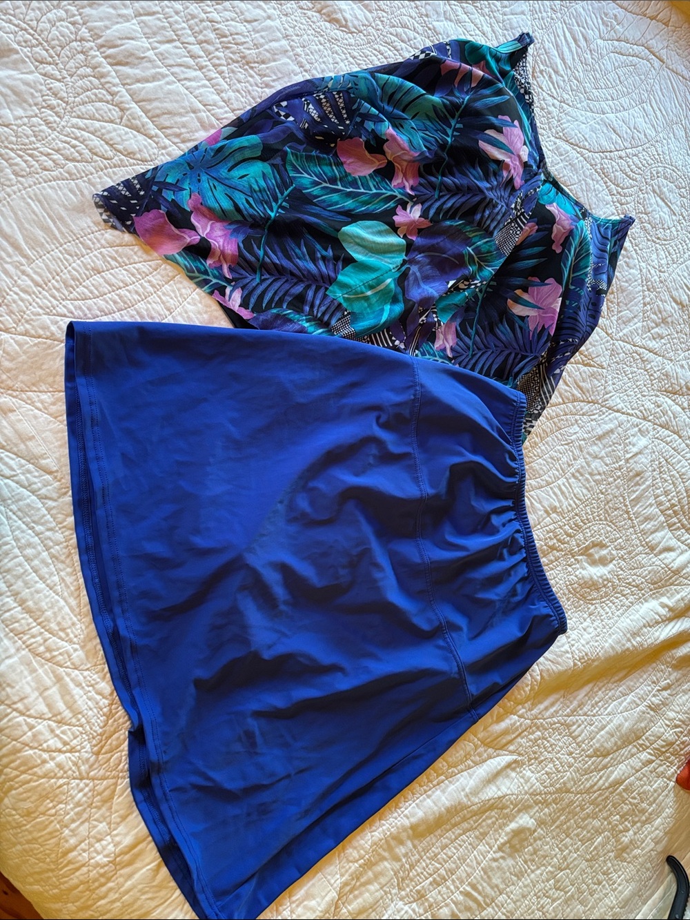 Swimsuits For All Cobalt Blue Skater Swim Skirt with Tropical Overlay